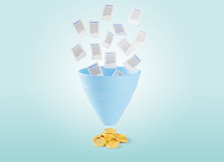 Contract sheets fall into the sales funnel and we receive coins as a symbol of profit. 3d render.の写真素材