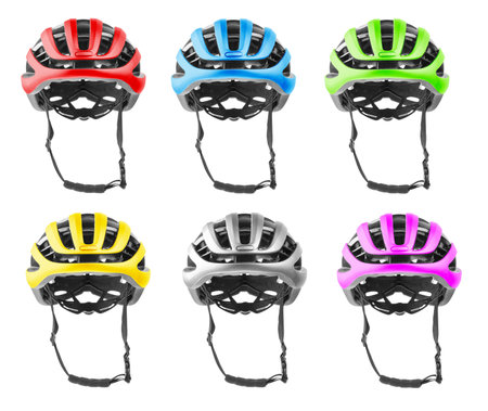Set of colorful front view bicycle helmets. Isolated on white background.の写真素材