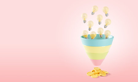 Lamp falls into the sales funnel as a symbol of an idea and we receive coins as a symbol of profit. Copy space for text. mockup. 3d render.の写真素材