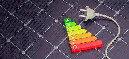 Solar panel with electric plug and energy efficiency levels. 3d render.の写真素材