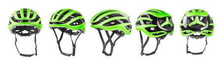 Set of green bicycle helmets with side, front and back views. Isolated on white background.の写真素材