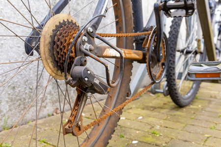 Rusty old bicycle chain on the speed gears of a bicycle.