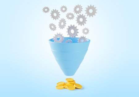 Gears fall into the sales funnel as a symbol of organization, which bring coins as a symbol of profit. 3d render.の写真素材