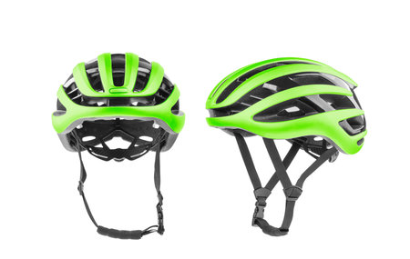 Set of green bicycle helmets with side, front views. Isolated on white background.の写真素材