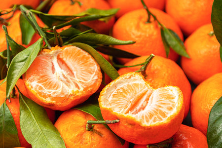 Orange tangerines with green leaves on a gray background. Tangerine is divided in half into parts.の写真素材