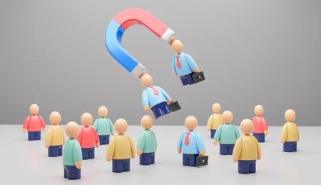 Selection of workers. Magnet as symbol attracts good employees. 3d render.の写真素材