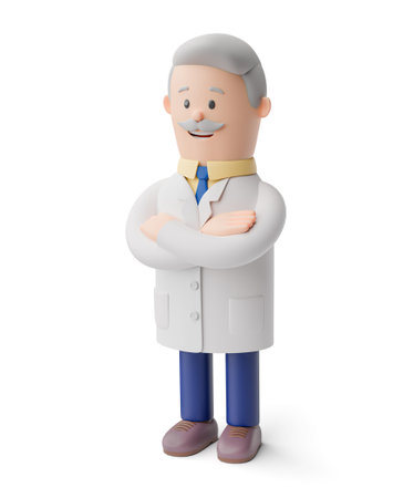 Doctor with mustache. folded his arms across his chest. isolated on white background. 3d render.の写真素材