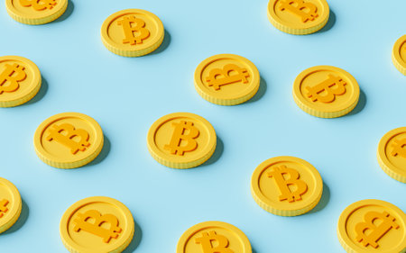 Bitcoin coins on a green background. 3d render.の写真素材