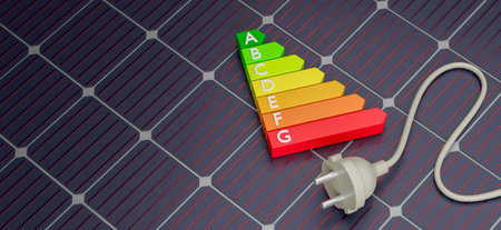Solar panel with electric plug and energy efficiency levels. Copy space for text. 3d render.の写真素材