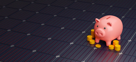 Solar batteries and a piggy bank with money. Saving money on solar energy. Copy space for text. 3d render.の写真素材