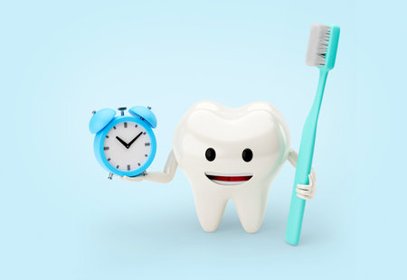 Tooth with an alarm clock and a toothbrush. Time to go brush my teeth. 3d render.の写真素材