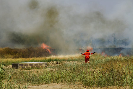 Firefighter extinguishes the fire in the fields