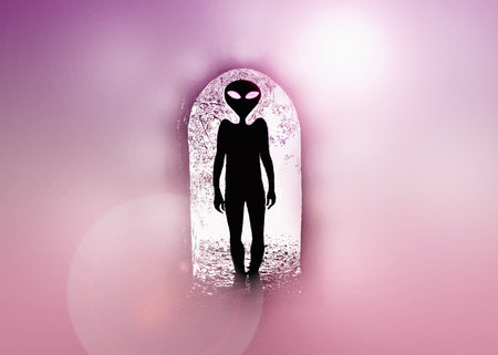 Alien silhouette on pink backgroundの写真素材