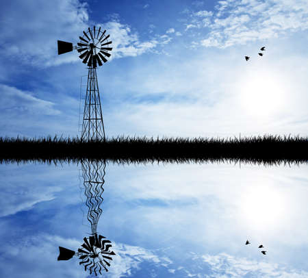 Windmill reflectionの写真素材