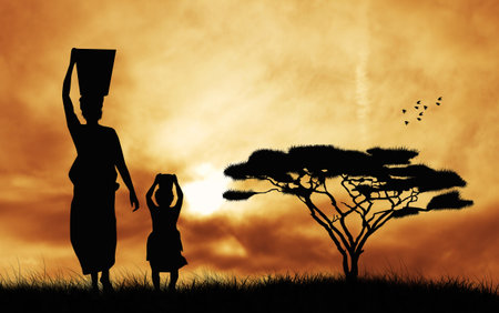 African woman with child takes waterの写真素材