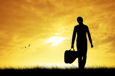 man with guitar caseの写真素材