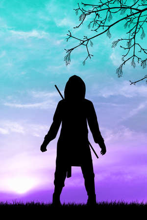 Samurai ninja silhouette at sunsetの写真素材