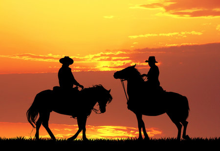 Men on horses ay sunsetの写真素材