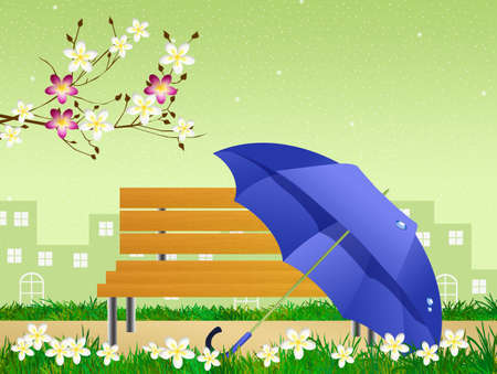 blue umbrella in springの写真素材