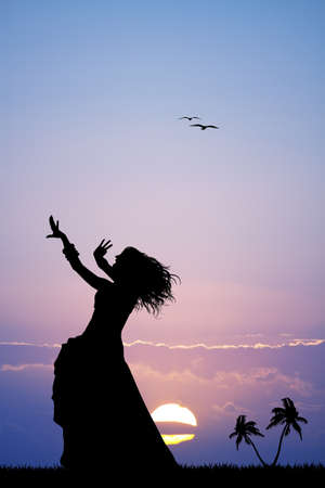 Hawaiian woman at sunsetの写真素材