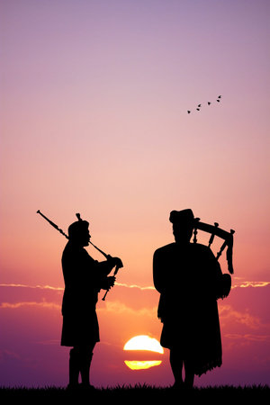 pipers silhouette at sunsetの写真素材