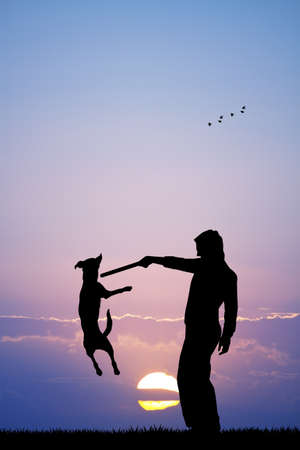 girl with dog at sunsetの写真素材