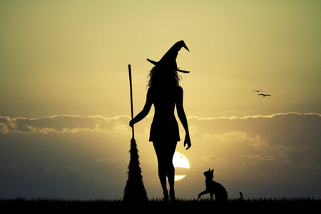 witch silhouette at sunsetの写真素材