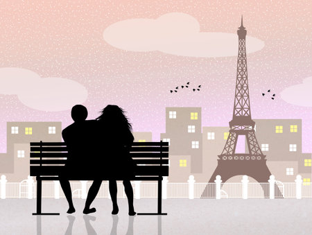 Lovers on bench in Parisの写真素材