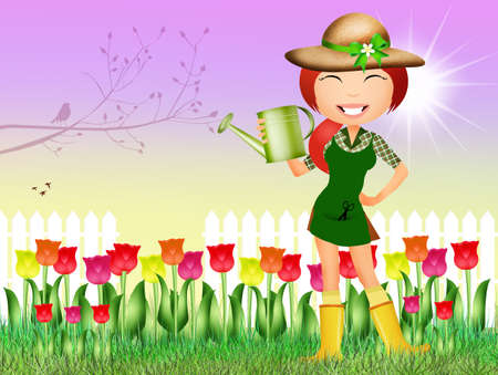 girl in tulips fieldの写真素材