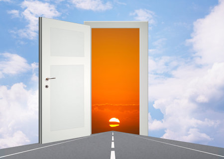 sunset in the doorの写真素材