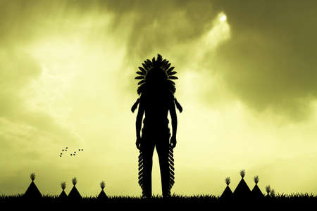 Indian camp at sunsetの写真素材