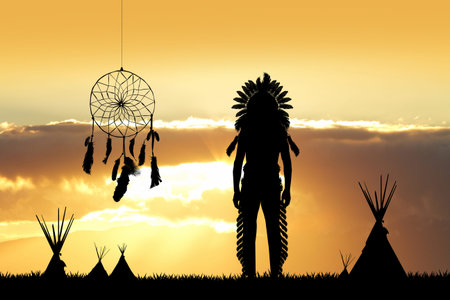Indian man and dreamcatcher at sunsetの写真素材