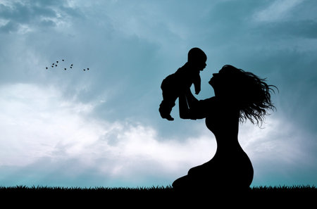 mother and son at sunsetの写真素材