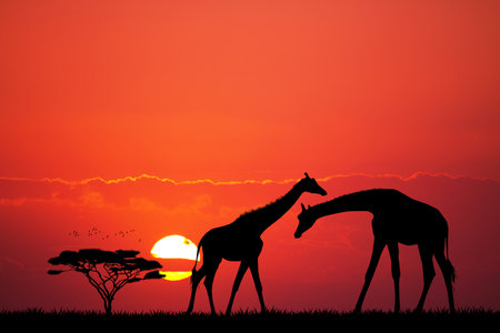 giraffe silhouette at sunsetの写真素材