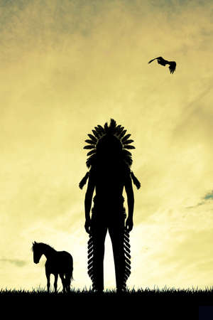 Native American Indian at sunsetの写真素材