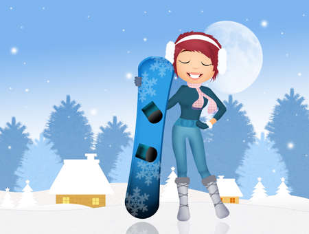 girl with snowboard in winterの写真素材