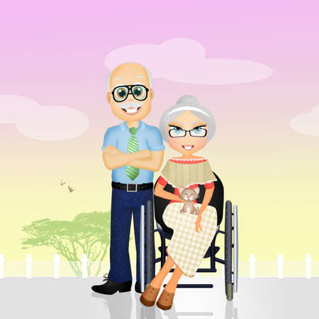 Grandfather pushes grandmother in a wheelchairの写真素材