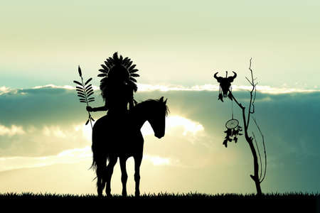 Indian on horse at sunsetの写真素材