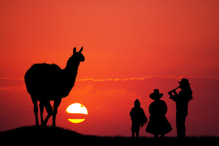 Peruvian family at sunsetの写真素材