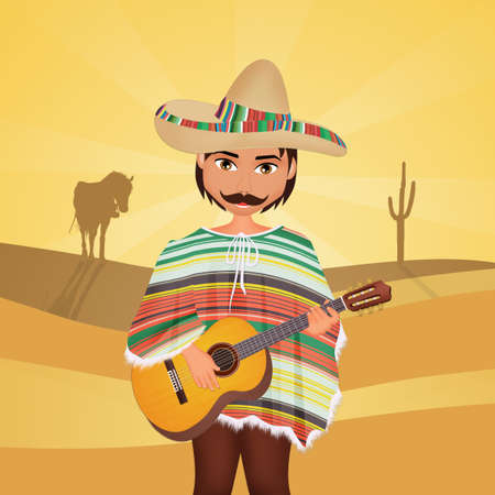 Mexican man with sombrero and guitarの写真素材