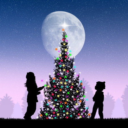 children around the Christmas treeの写真素材
