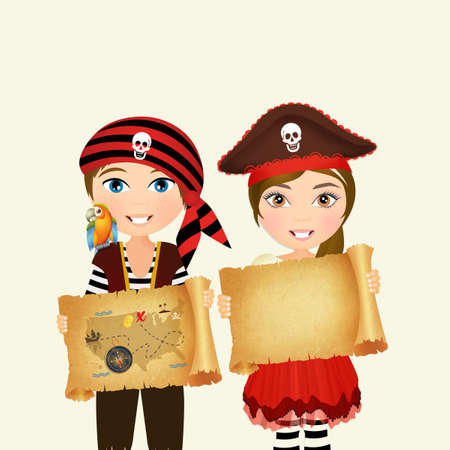 children with parchment treasure huntの写真素材