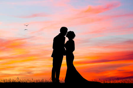 Just Married silhouette at sunsetの写真素材