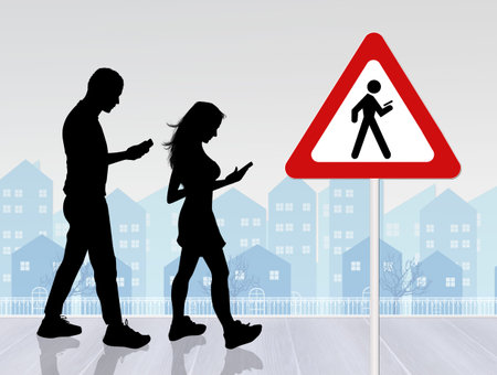 people walking with smartphone on the roadの写真素材