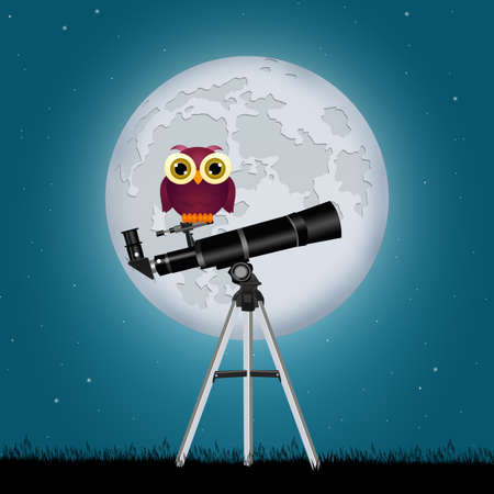 funny owl on telescopeの写真素材