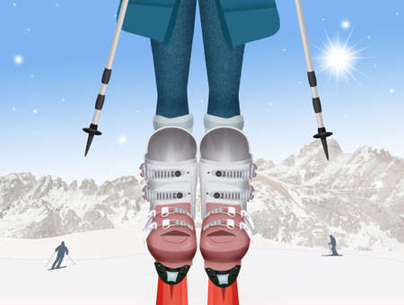 legs of woman with boots and skisの写真素材