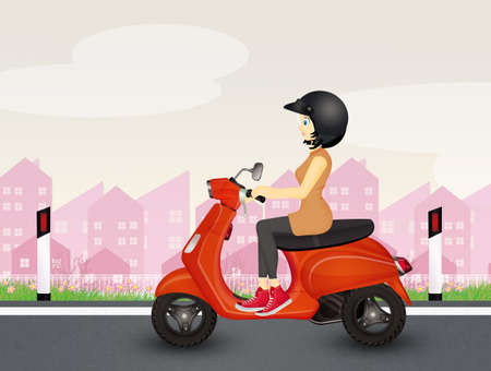 illustration of girl on scooterの写真素材