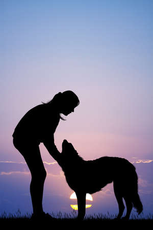 girl with dog at sunsetの写真素材