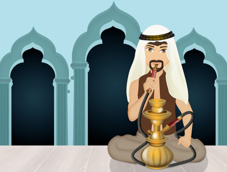 Arab man smokes hookah