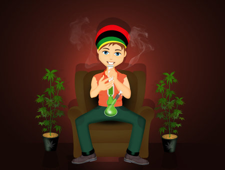 man smoke a glass bong sitting on armchair